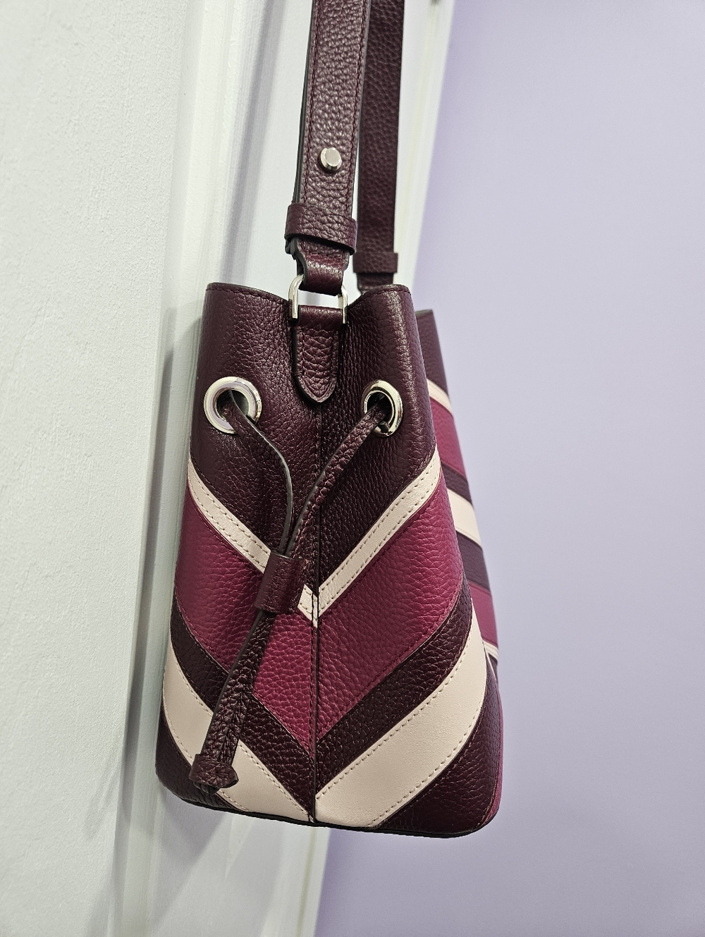 kate spade Chevron Leather Crossbody Bag & Card Case in Burgundy, Pink, Cream - Picture 6 of 15